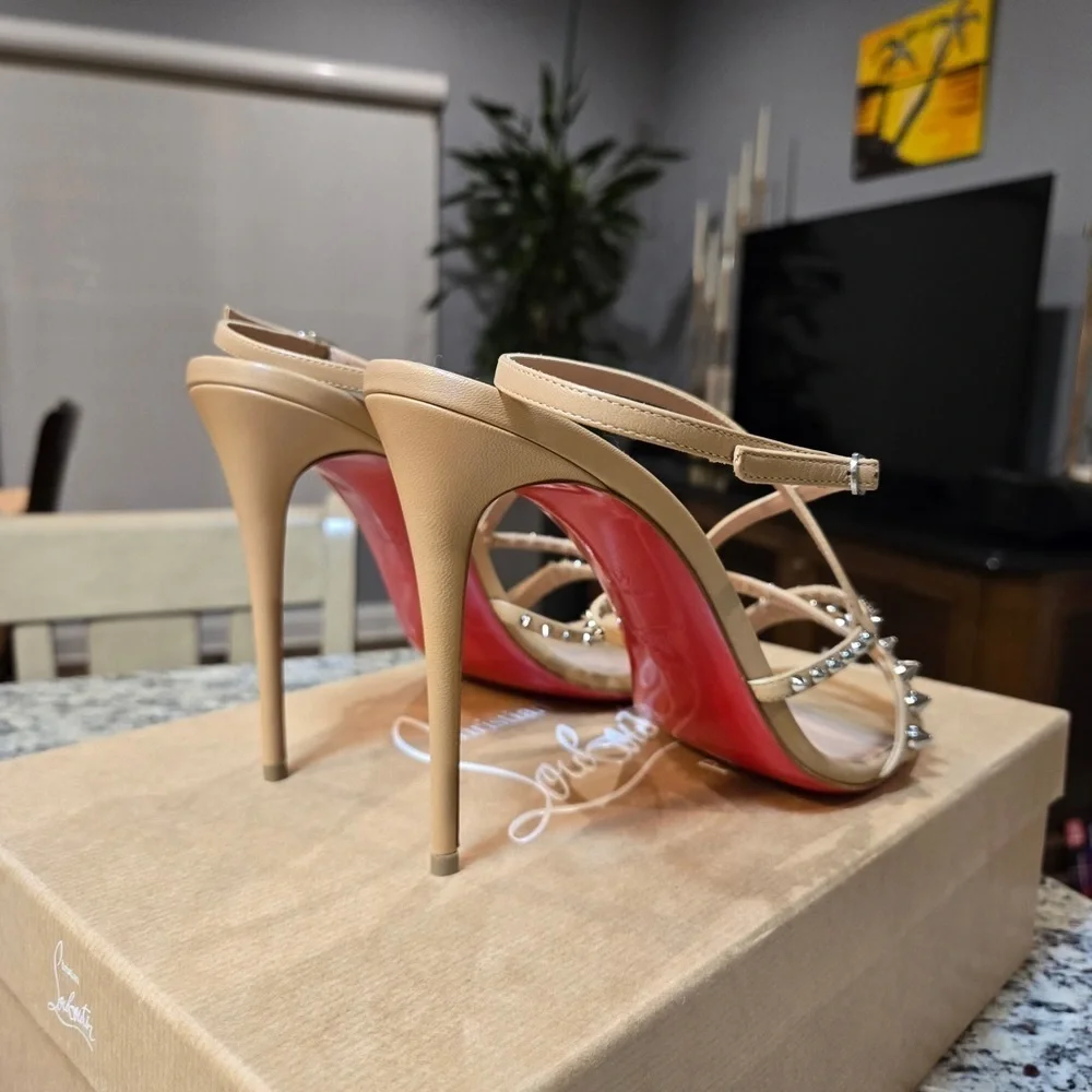 NEW Christian Louboutin Tatooshka Spikes Nude Sandals Size 41.5 100mm Heels